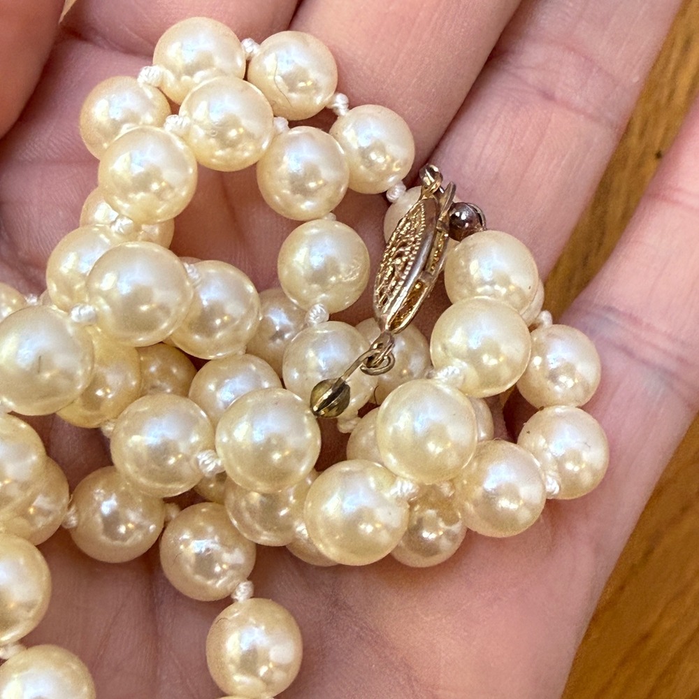 Vintage Faux Pearl Necklace 18" Knotted Cream Pearls Gold Tone Filigree Clasp